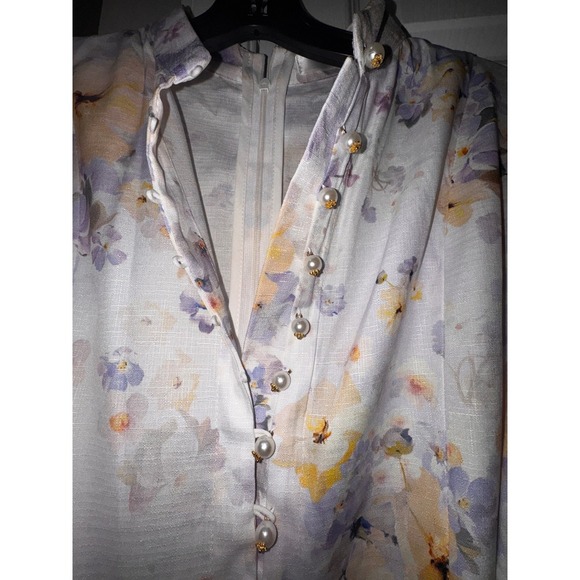 Floral Mini Dress Bishop Sleeve Pearl Button Belted Party Cocktail Dress - Picture 5 of 9